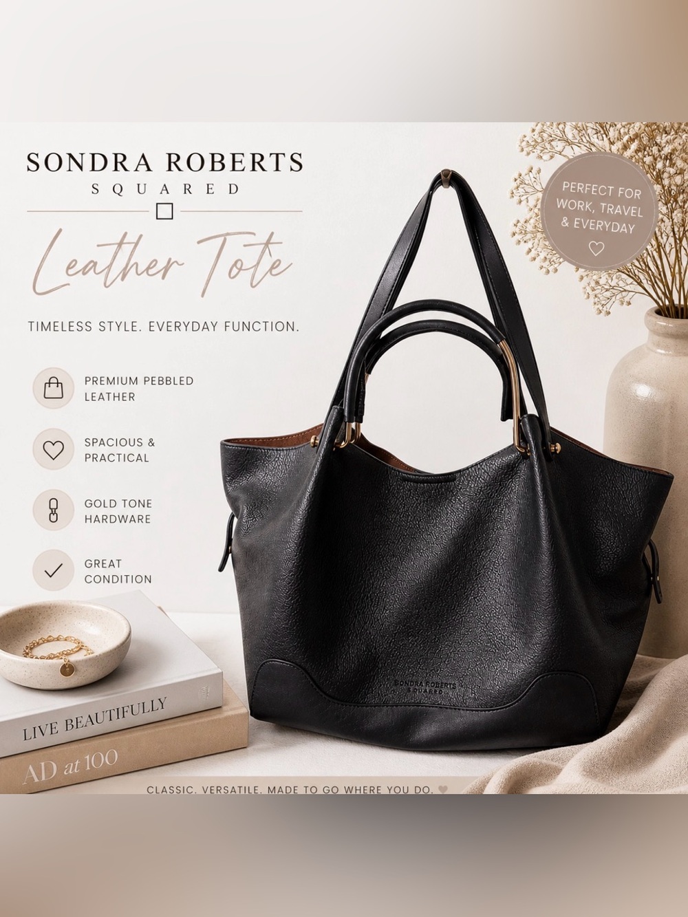 Sondra Roberts Black Pebbled Vegan Leather Tote Bag Gold Hardware Large Work Bag